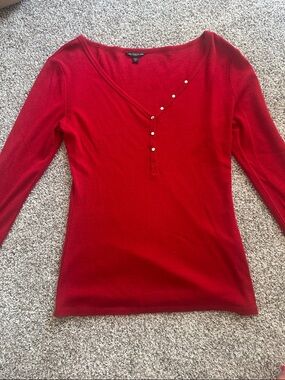 Guess Red Long Sleeve V-Neck Top with Pearl Accent Buttons